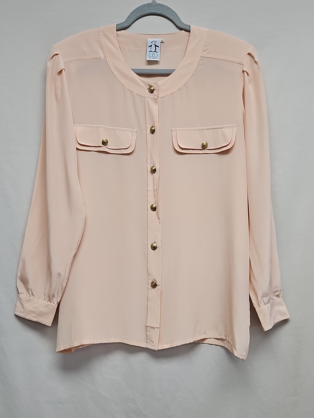 Vintage Setex Blush Pink Button Front Blouse Shoulder Pad Secretary Chic Medium